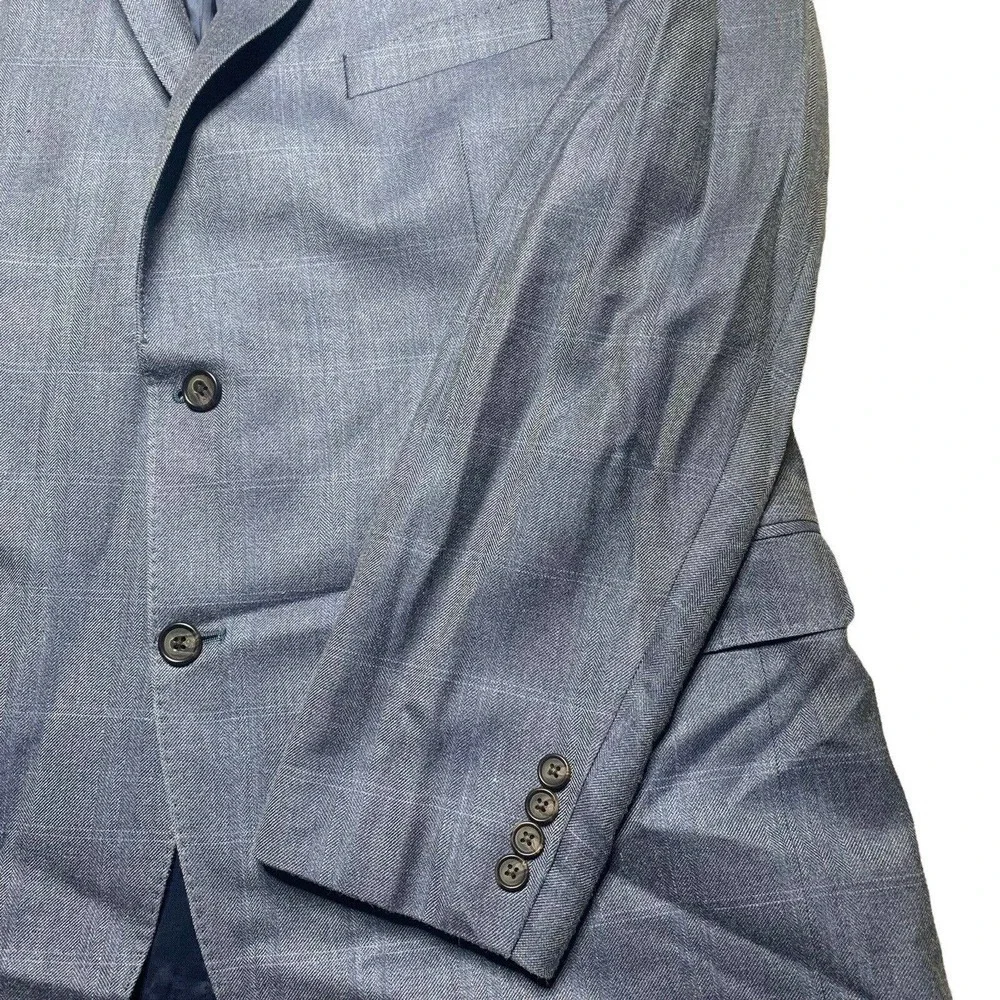 Ralph Lauren Silk Wool Blend Blazer Windowpane Mens Size 46R Blue Slim Fit EUC